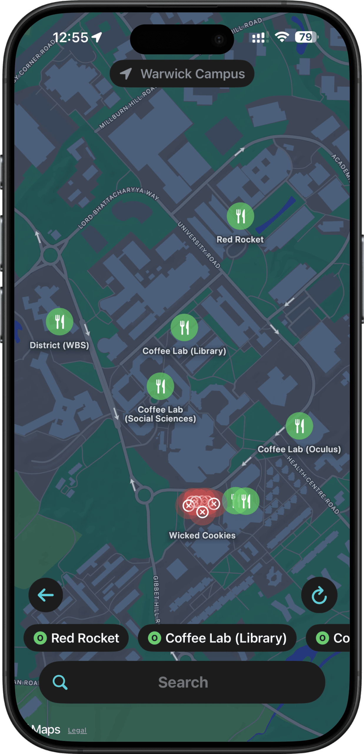 menuva app showing map view of nearby restaurants